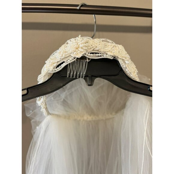 Vintage 1990s Beaded Bridal Headband Veil Cream Tulle Two Tier Mid Length - Picture 8 of 16